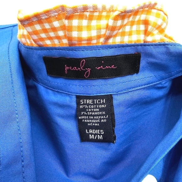 Nwot Pearly Vines Blue Button Down Blouse with Orange Gingham Neck/Sleeves - Picture 3 of 10